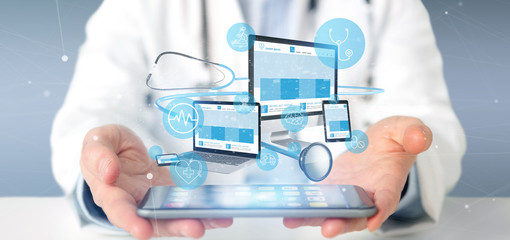 Doctor holding Devices with medical icon and stethoscope 3d rendering