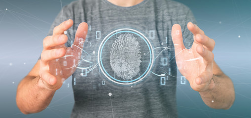 Businessman holding a Digital fingerprint identification and binary code 3d rendering