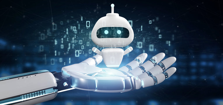 Cyborg hand holding Chatbot with binary code 3d rendering