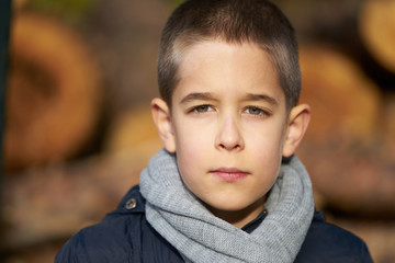 Portrait of a serious boy looking into camera, blurred timber background, autumn look