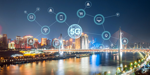 Wireless communication network concept.Panorama of Modern City