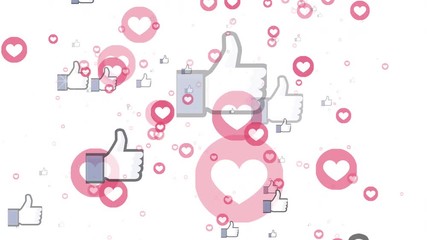 animation of social media likes and loves apearing on white background and flying fast to the top of composition -social media concept