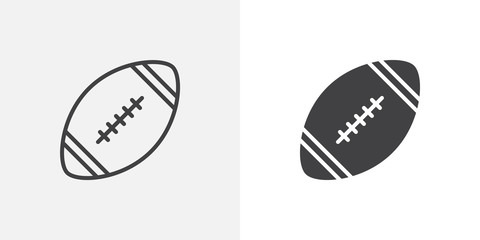 Rugby ball icon. line and glyph version, outline and filled vector sign. American football ball linear and full pictogram. Symbol, logo illustration. Different style icons set - obrazy, fototapety, plakaty
