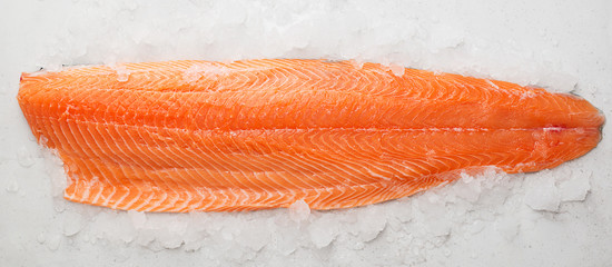 Fresh raw salmon fish steak on ice over gray stone background.