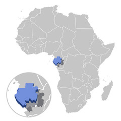 Vector illustration of Gabon in blue on the grey model of Africa map with zooming replica of country