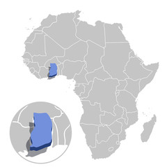 Vector illustration of Ghana in blue on the grey model of Africa map with zooming replica of country