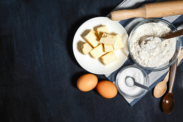 Ingredients for banking on a dark background top view