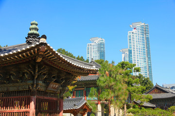 Fototapeta na wymiar Boneungsa Temple with Modern Skyline in Background, Seoul, South Korea