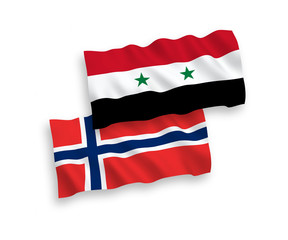 National vector fabric wave flags of Norway and Syria isolated on white background. 1 to 2 proportion.