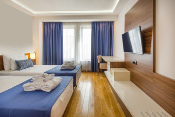 Interior of a double bed hotel bedroom