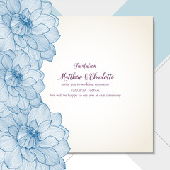 Delicate floral card on  abstract background. Invitation template for wedding ceremony, greeting, element for design. Vector pattern with hand-drawn flowers dalias.