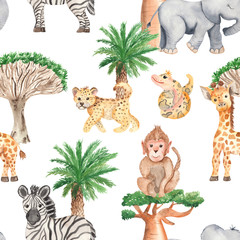 Akwarela bezszwowe wzór z afrykańskich drzew i zwierząt. Tekstury do pakowania, scrapbookingu, tekstyliów, tkanin, tapet. - 255519937