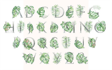 Watercolor Alphabet Silver tropical set of leeters with green leaves illustrations