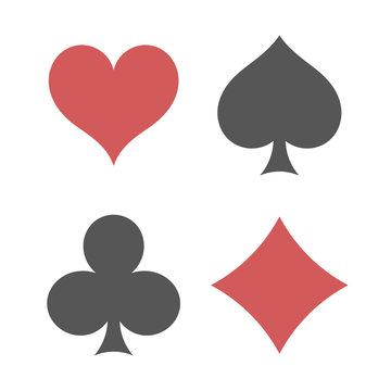 Playing cards suits. Spades, hearts, diamonds, clubs icons. Game cards signs. Isolated vector illustration