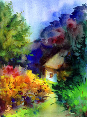 Watercolor colorful bright textured abstract background handmade . Mediterranean landscape . Painting of architecture and vegetation of the countryside made in the technique of watercolors from nature