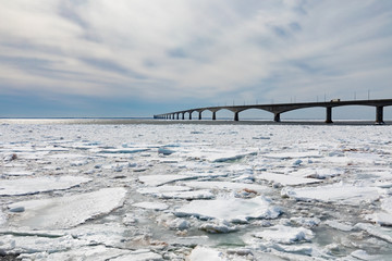 Confederation Bridge over sea ice to PEI Canada