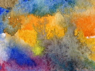 Watercolor abstract bright colorful textural background handmade . Painting of sky and clouds during sunset . Modern cosmic pattern . Shine
