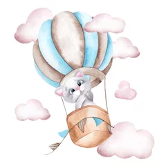 Poster Dieren in luchtballon Waterverfillustratie met schattige kat en luchtballon