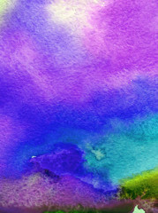Watercolor abstract bright colorful textural background handmade . Painting of sky and clouds during sunset . Modern cosmic pattern . Shine