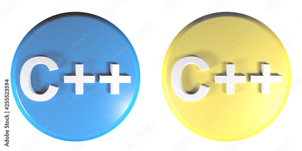Poster c++ blue and yellow circle push buttons - 3d rendering illustration