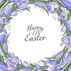 Stock vector floral spring easter greeting card. Beautiful flower frame from blue crocuses with text. Isolated and hand drawn illustration. Floral design, easter backdrop. Festive print.