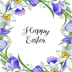Stock vector floral spring easter greeting card. Beautiful flower frame from daffodils and crocuses with text. Isolated and hand drawn illustration. Floral design, easter backdrop. Festive print.
