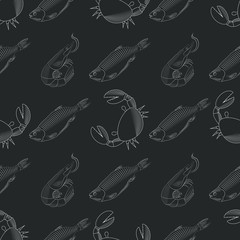 vector seamless pattern with fish, crab and shrimp