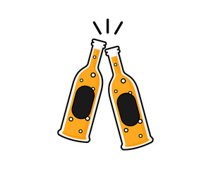 Two beer bottles. Cheers mate. Drink with friends. pub menu. clink glasses festival Isolated on white background. Vector Illustration.