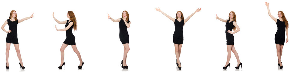 Young woman in black dress pressing virtual button 