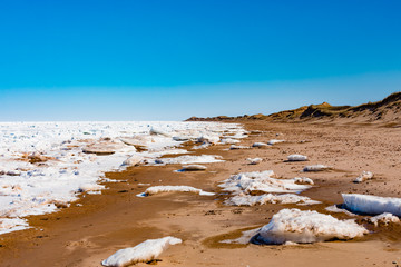 Frozen north Atlantic ocean pack ice off Cavendish Beach in Prince Edward Island National Park,...