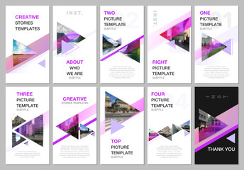 Creative social networks stories design, vertical banner or flyer templates with triangles and triangular shapes on white background. Covers design templates for flyer, leaflet, brochure, presentation