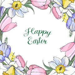 Stock vector floral spring easter greeting card. Beautiful flower frame from pink tulips, daffodils and crocuses. Isolated and hand drawn illustration. Floral design, easter backdrop. Festive print.