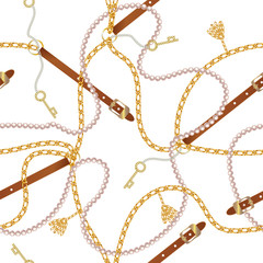 Seamless pattern with belts, chain, braid, Golden Key and pearls.  Baroque print. Background for fabric design