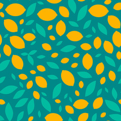 Yellow lemons and cyan leaves on blue-green background - seamless pattern. Abstract tile ratio 1 to 1. For backgrounds, paper, fabrics, clothing, applications, etc.
