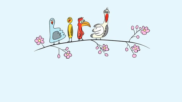 graphic animation funny exotic birds jumping on a blossoming cherry branch in the spring. beautiful time of the year to fly