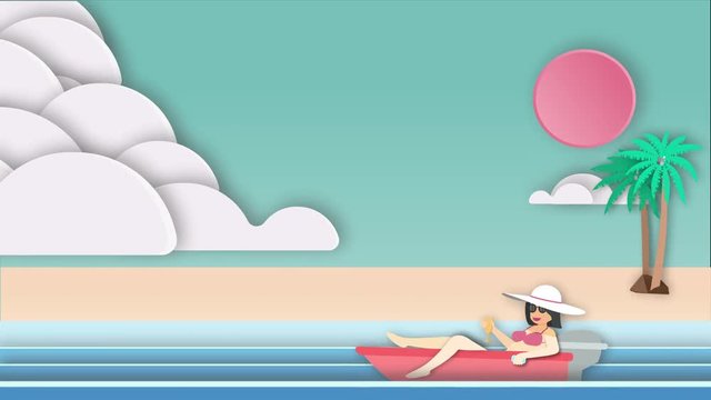 Woman floating on the ocean with beautiful beach background video animation ,flat cartoon and paper art landmarks concept, motion graphic  background
