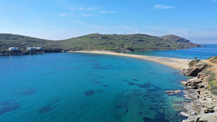 Aerial drone bird's eye view of tropical exotic mediterranean bay with turquoise sea