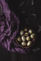 Quail eggs in wooden bowl with feathers on dark wooden background.