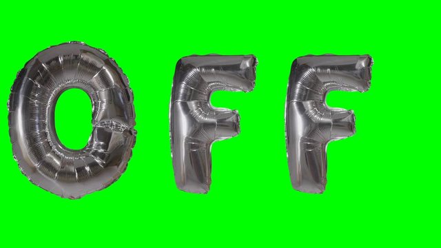 Word off from helium silver balloon letters floating on green screen