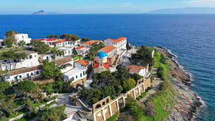 Naklejka na ściany i meble Aerial drone photo of famous and picturesque orthodox church of Panagia Kanala in island of Kythnos, Cyclades, Greece