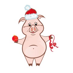 piggy in Santa Claus hat with Christmas ball and ribbon 