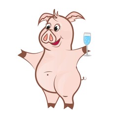 cute pink pig with a glass of champagne 