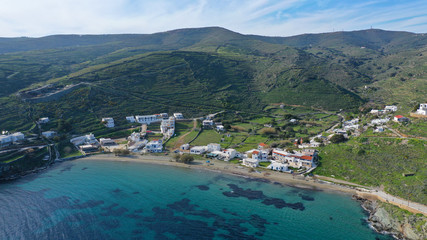 Aerial drone photo of famous and picturesque orthodox church of Panagia Kanala in island of Kythnos, Cyclades, Greece