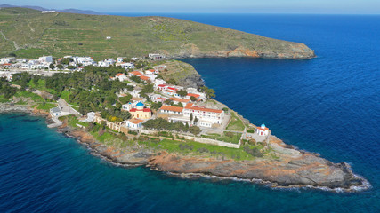 Aerial drone photo of famous and picturesque orthodox church of Panagia Kanala in island of Kythnos, Cyclades, Greece