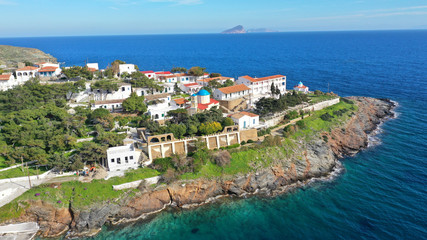 Obraz premium Aerial drone photo of famous and picturesque orthodox church of Panagia Kanala in island of Kythnos, Cyclades, Greece