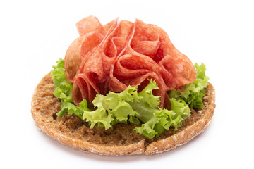 Sandwich with ham sausage on white background.