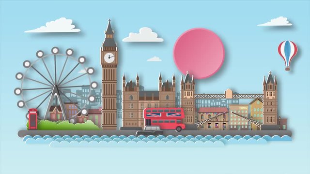 London travel destination background video animation ,flat cartoon and paper art landmarks concept, motion graphic  background