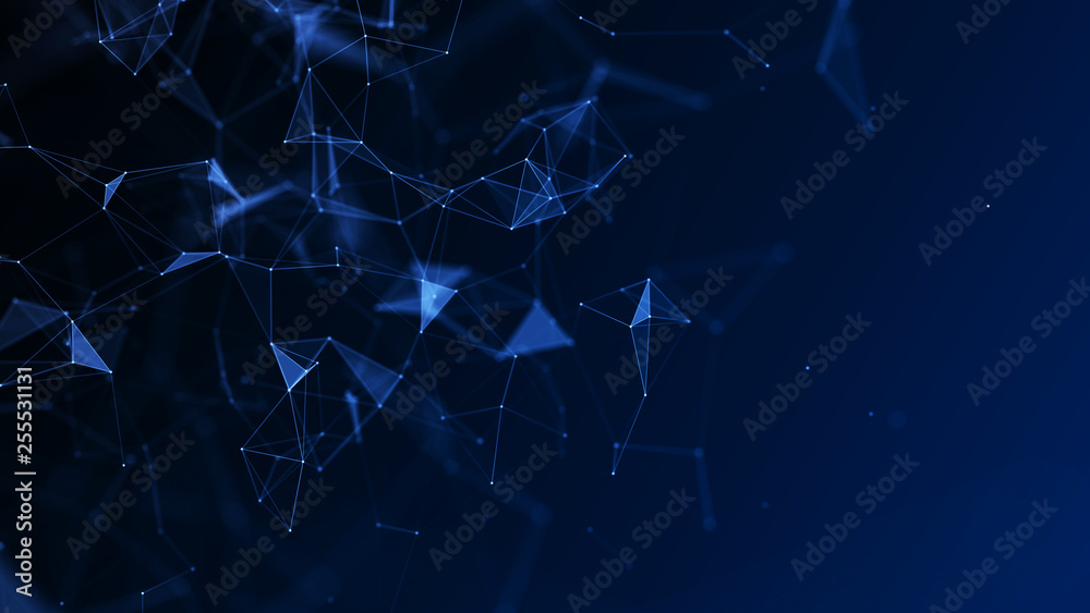 Poster Abstract connection of dots and lines. Distribution of triangular shapes in space. Network connection structure. 3D rendering.