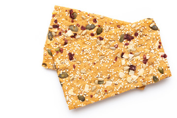 Rye bread slice on a white background.