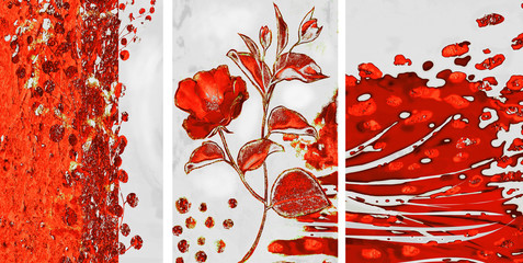 Collection of designer oil paintings. Decoration for the interior. Modern abstract art on canvas. Set of pictures with different textures and colors. Red roses on a gray background. - 255531191